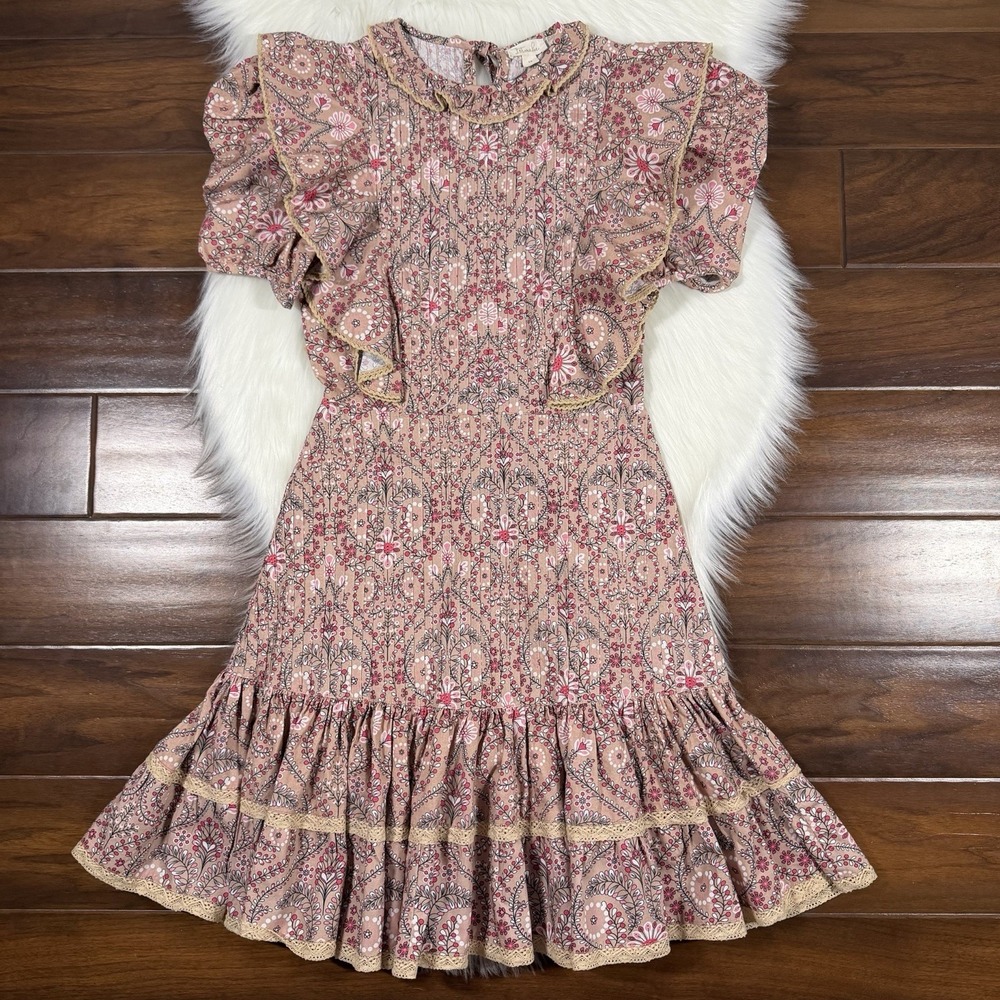 Anthropologie Let Me Be Women's Size XS Floral Pintuck Pleated Cotton Dress